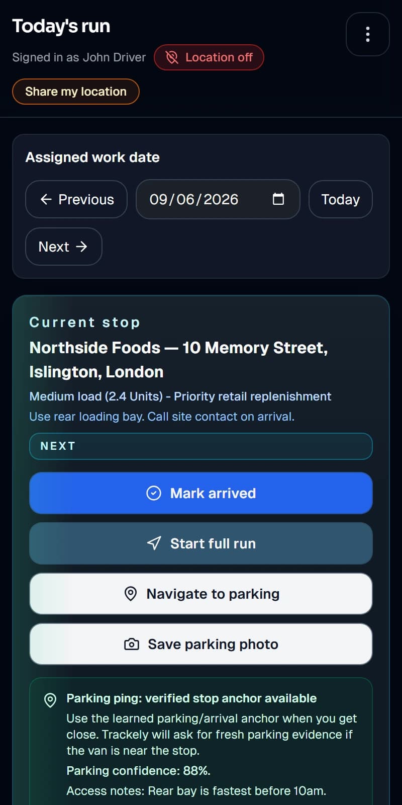Trackely mobile driver app showing stop workflow