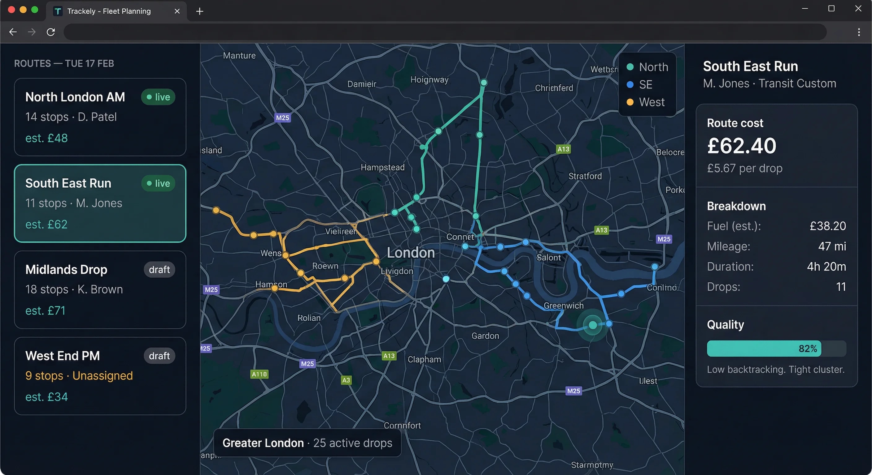 Trackely planning workspace showing route list, live map, and route cost breakdown