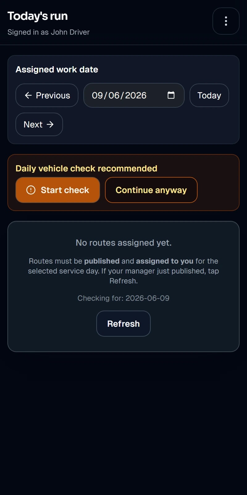 Trackely driver mobile app showing the current stop, route progress, and delivery guidance