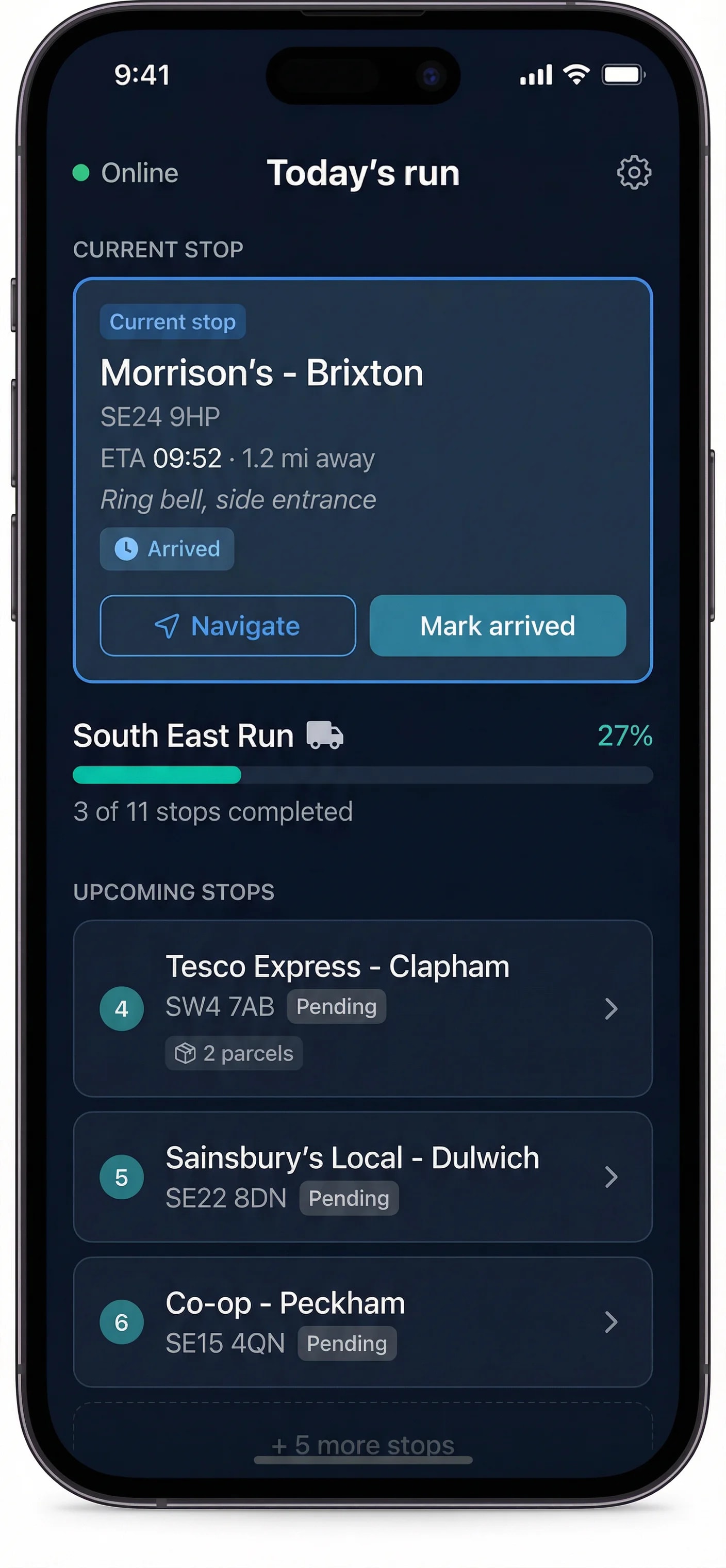 Trackely driver mobile app showing current stop, route progress, and upcoming delivery stops
