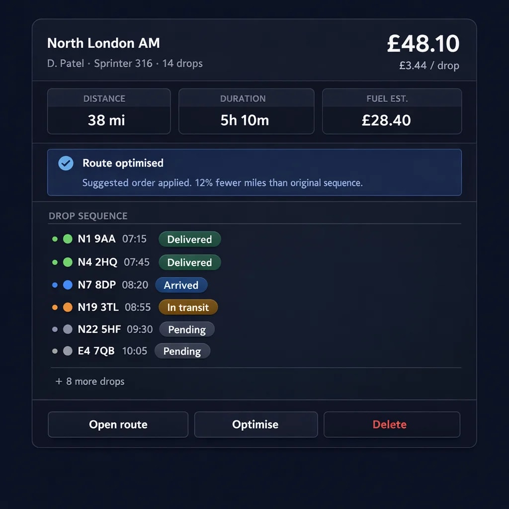 Trackely route detail panel showing cost per drop, fuel estimate, delivery sequence, and optimisation results